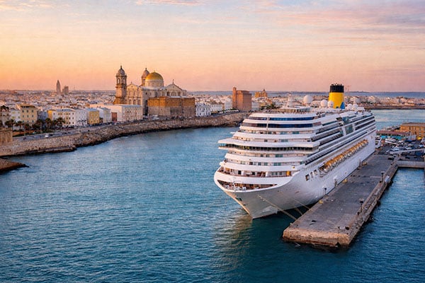 Cadiz cruise port terminal next to old town skyline
