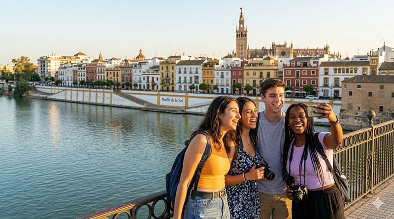 CIEE Study Abroad Seville students taking photo near Guadalquivir River