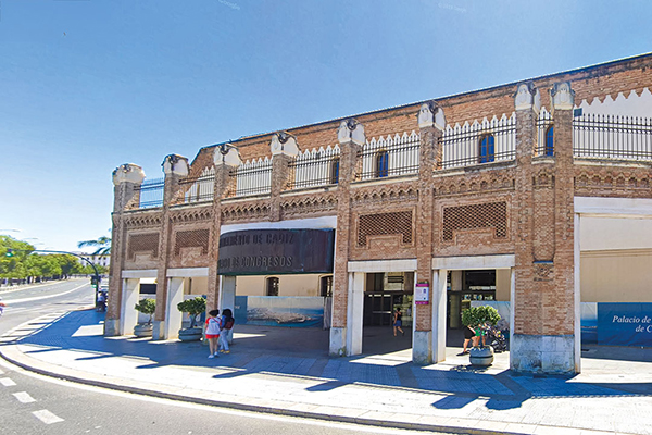 Historic facade of the Palacio de Congresos de Cádiz in the old town