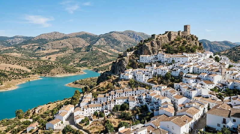 Scenic road and lake view in Zahara de la Sierra, Andalusia
