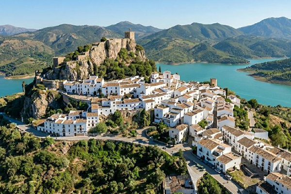 Panoramic view of Zahara de la Sierra white village in Andalusia, Spain